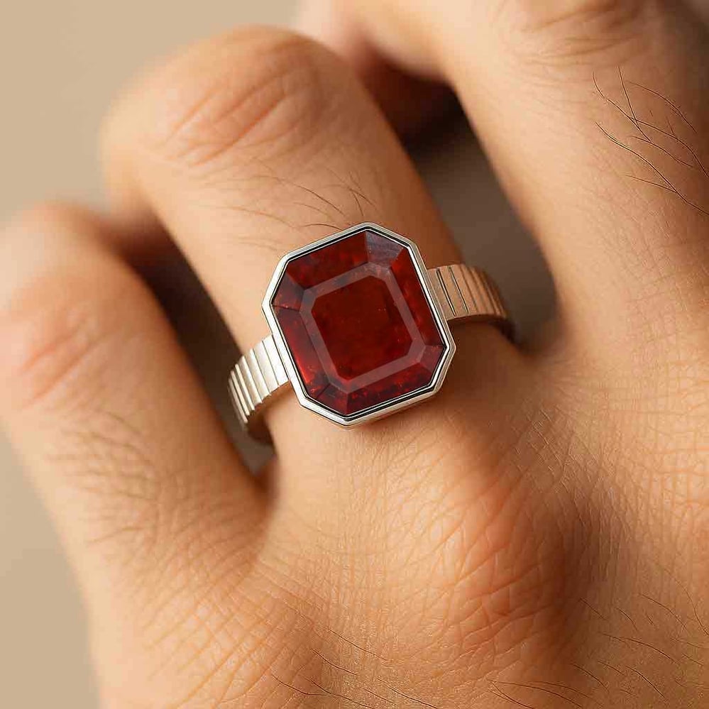925 Sterling Silver Modern Hessonite Garnet Ring For Men