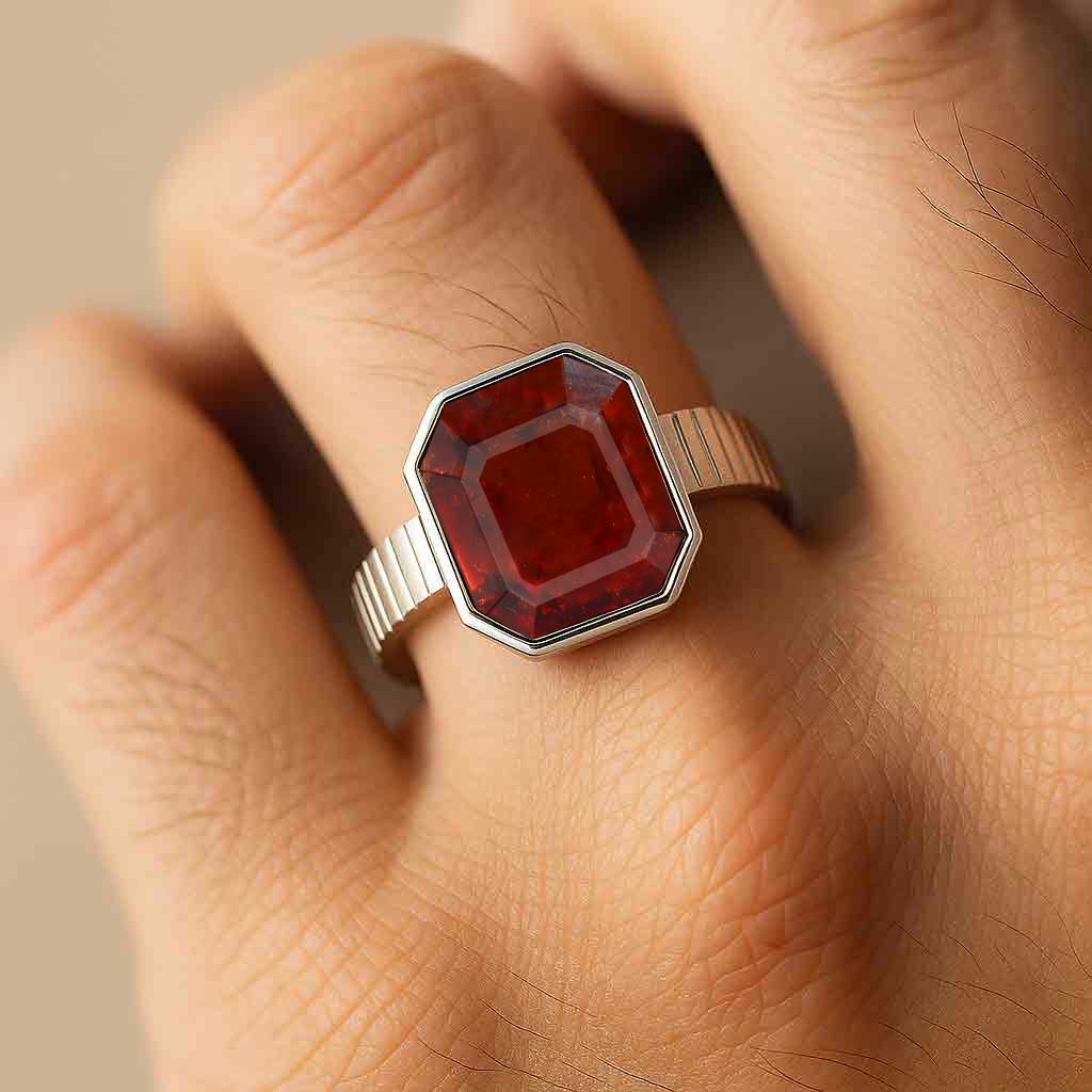 925 Sterling Silver Modern Hessonite Garnet Ring For Men