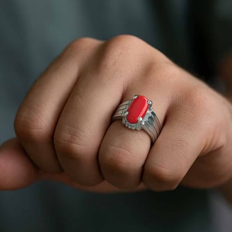 925 Sterling Silver Modern Red Coral Ring For Men
