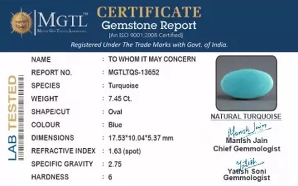 Arizona Turquoise - 7.45 Carat Prime Quality TQS-13652