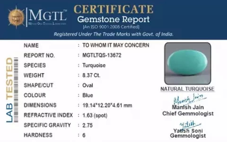 Arizona Turquoise - 8.37 Carat Prime Quality TQS-13672