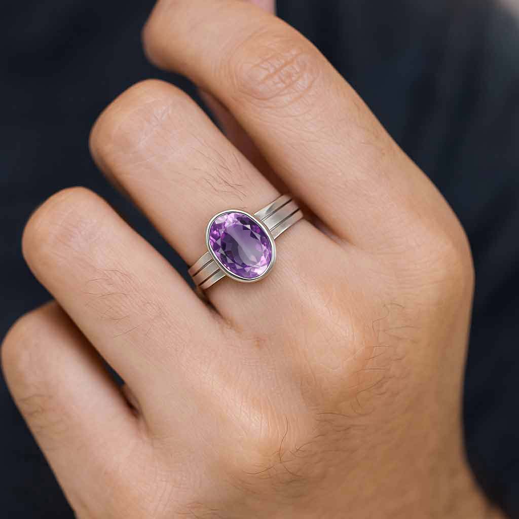 Authentic 925 Sterling Silver Amethyst Ring for Him