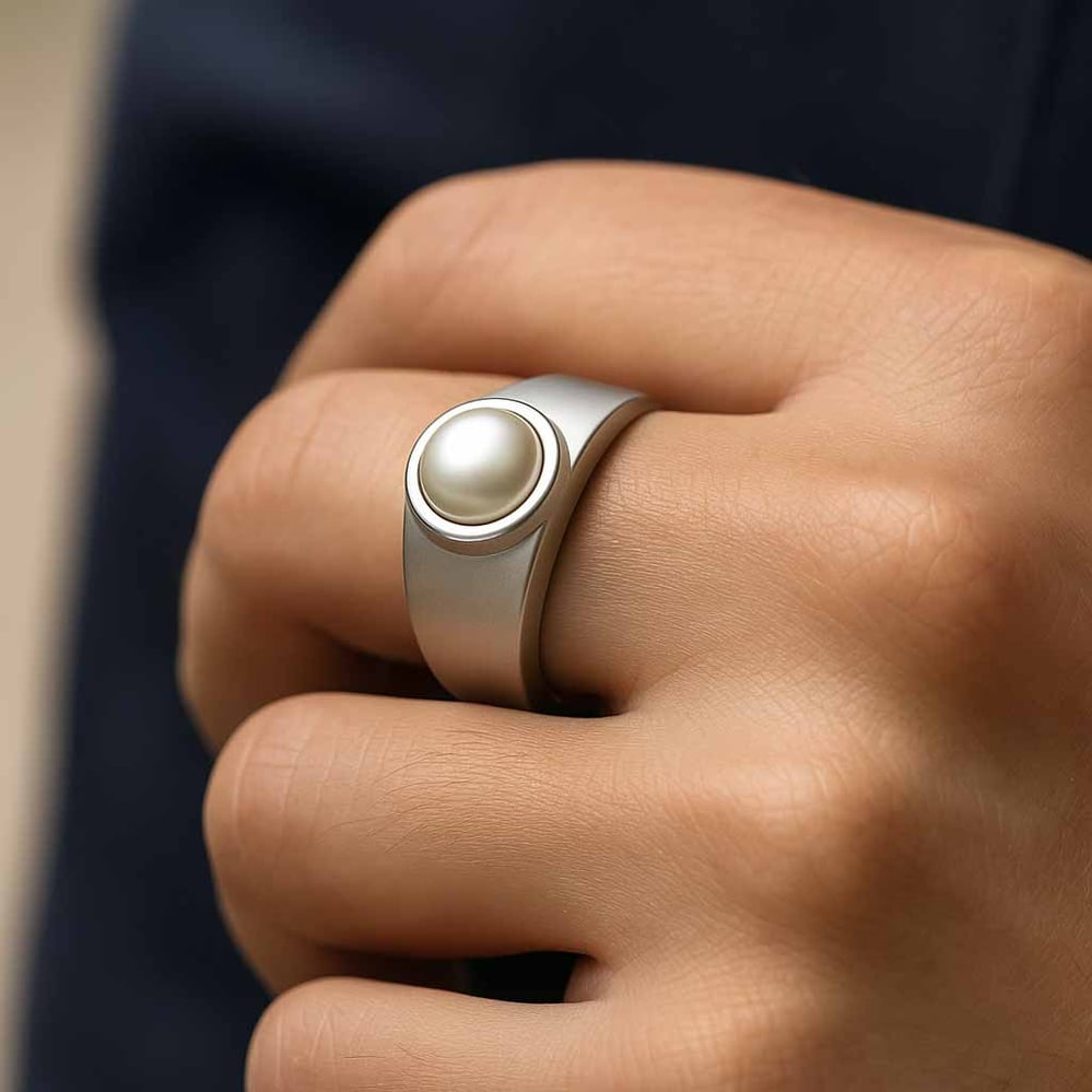 Authentic Sterling Silver Pearl Stone Ring For Men
