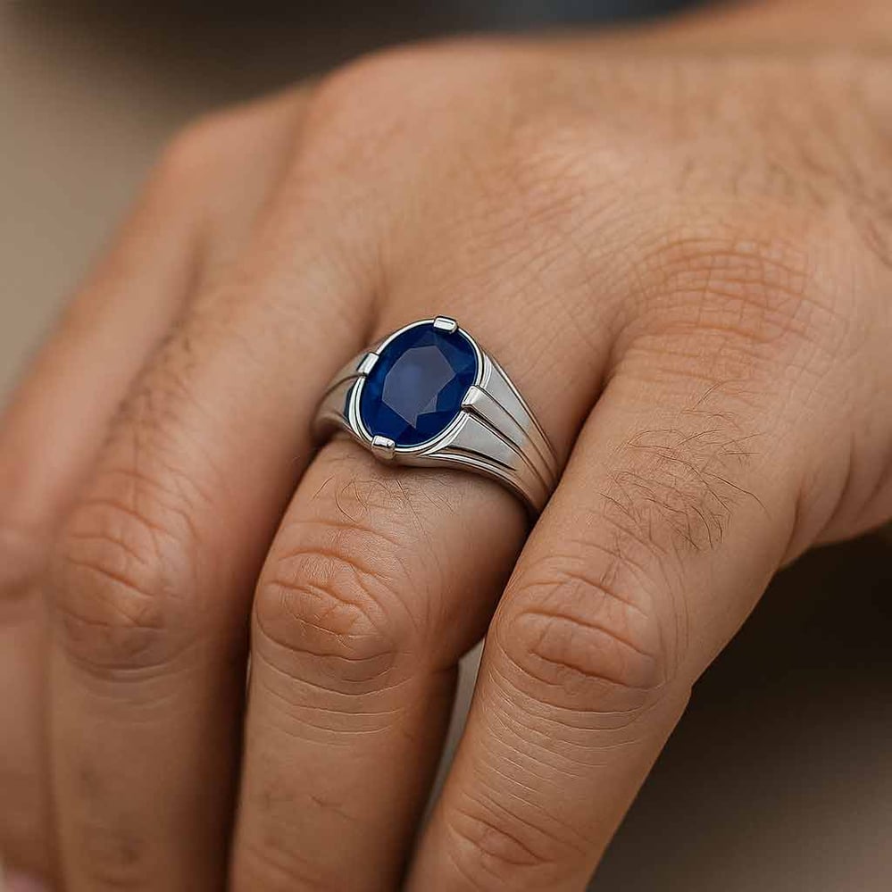 Bold Designer 925 Silver Blue Sapphire Ring for Him
