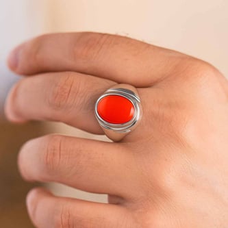 Bold Designer 925 Silver Red Coral Ring for Him