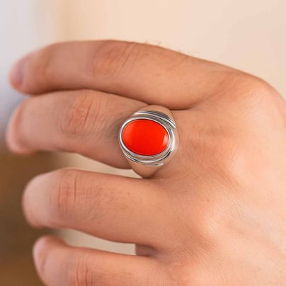 Bold Designer 925 Silver Red Coral Ring for Him