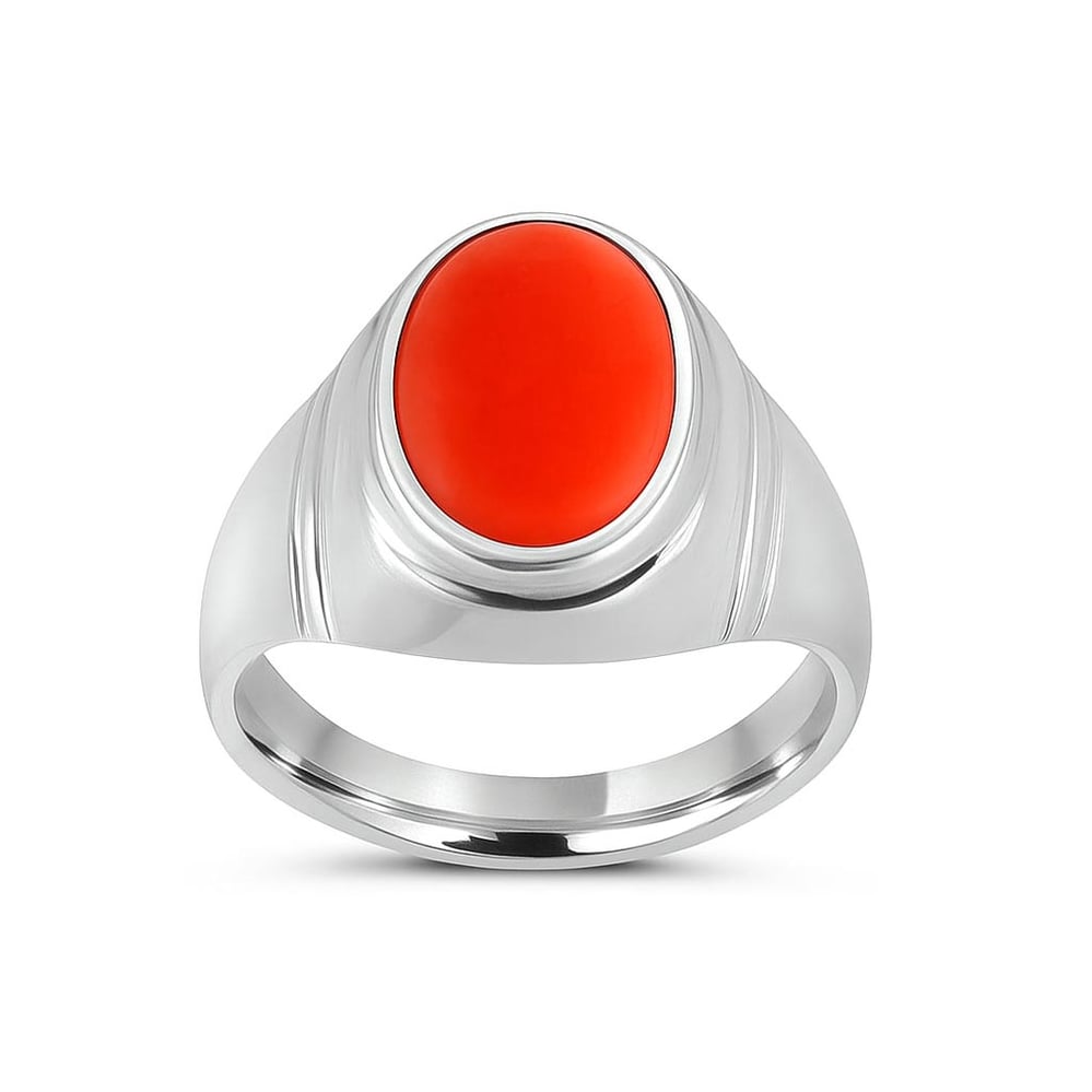 Bold Designer 925 Silver Red Coral Ring for Him