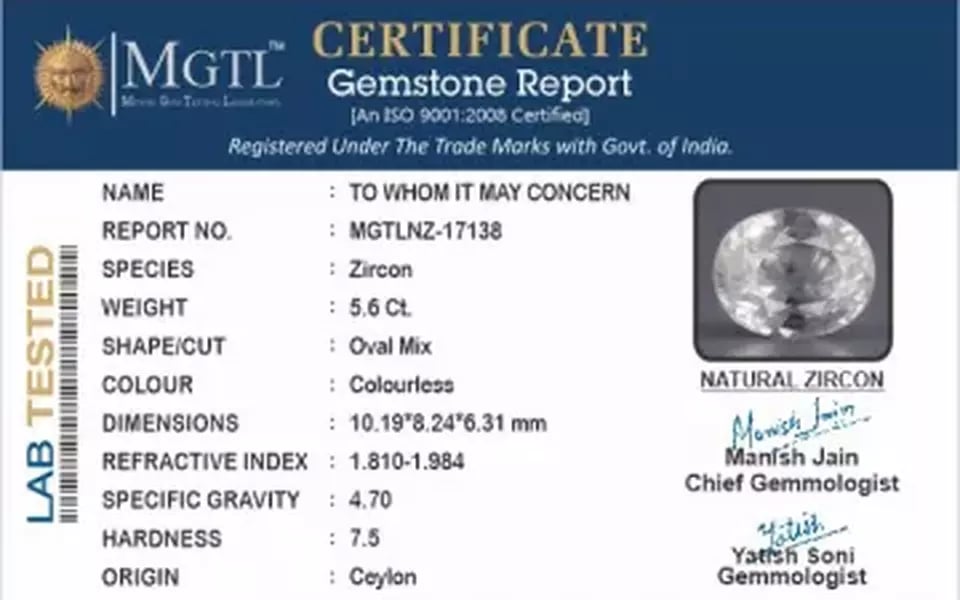 Ceylon Natural Zircon - 5.6 Carat  Limited Quality NZ-17138