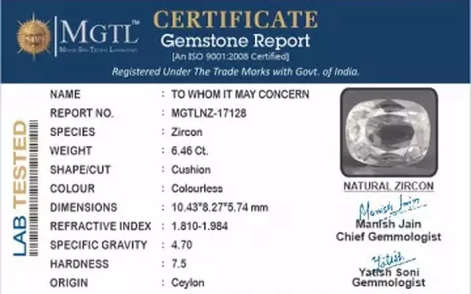 Ceylon Natural Zircon - 6.46 Carat  Limited Quality NZ-17128
