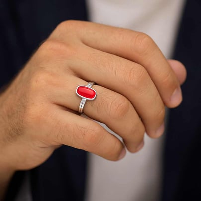 Classic 925 Silver Red Coral Ring For Men