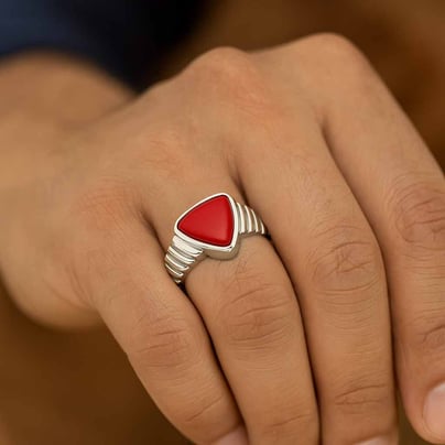 Classic 925 Silver Triangle Red Coral Ring For Men