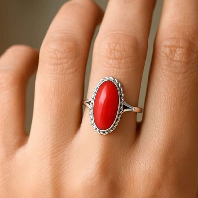 Classic Regal 925 Sterling Silver Red Coral Stone Women’s Ring