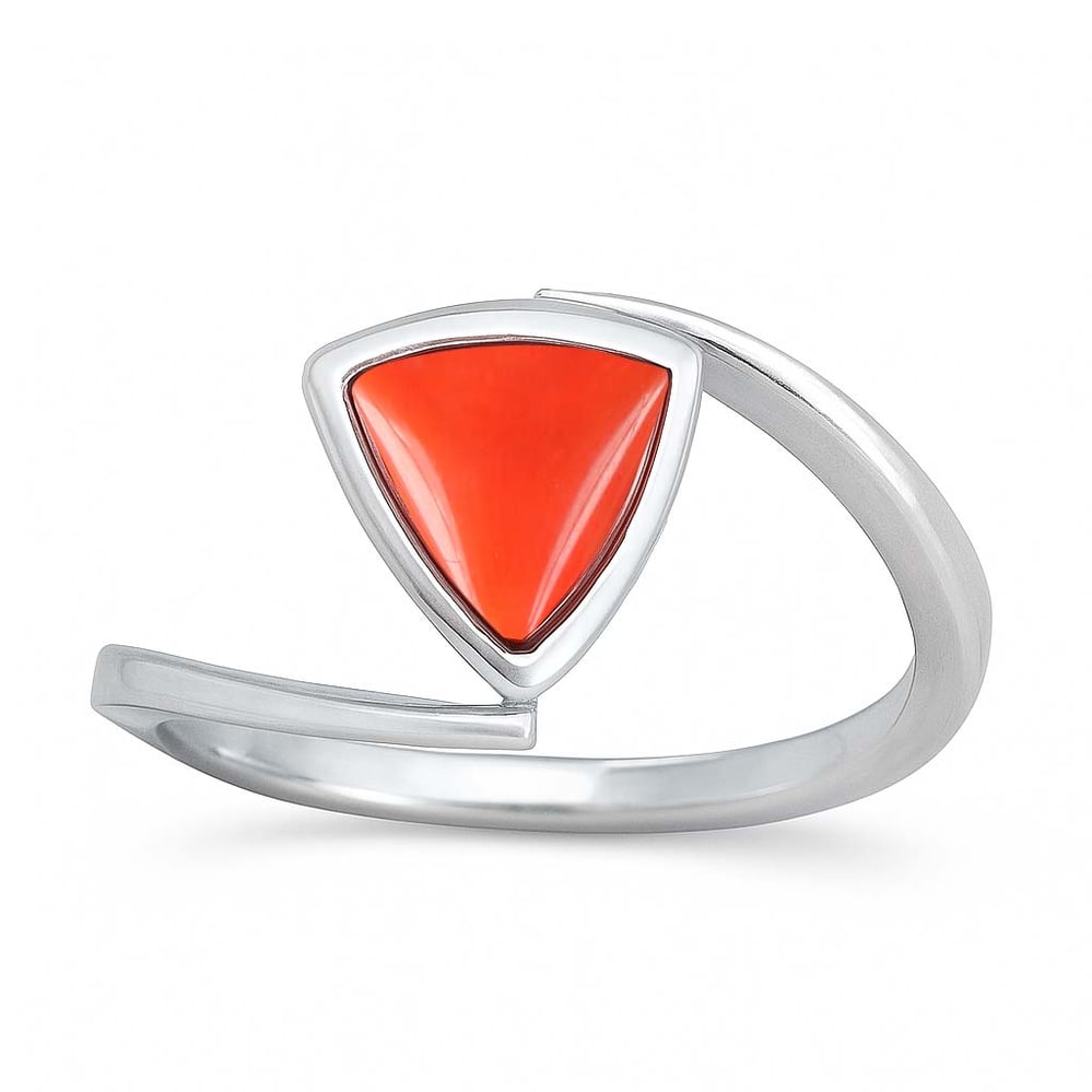 Classic Regal 925 Sterling Silver Triangle Red Coral Stone Women’s Ring