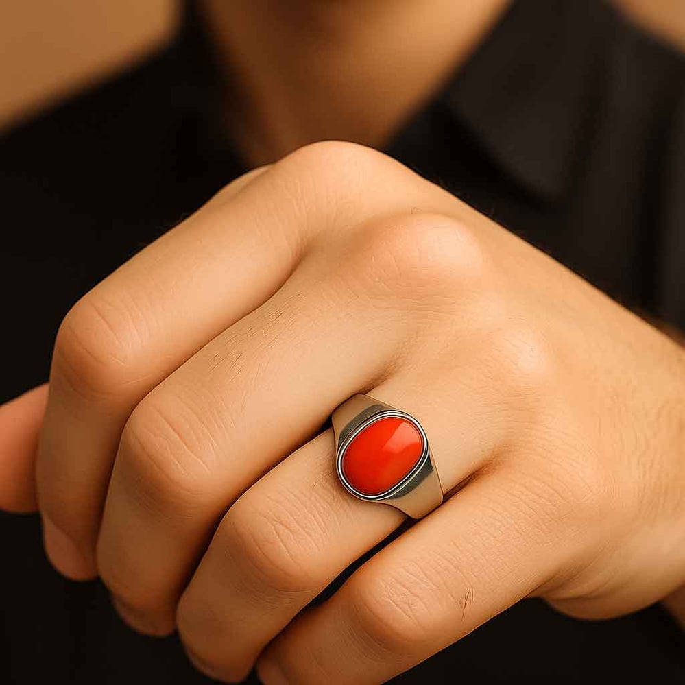 Classic Sterling Silver Red Coral Gemstone Ring for Male