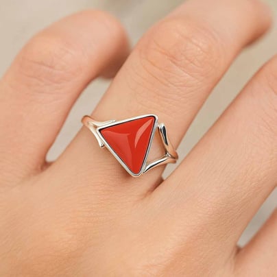 Elegant 925 Silver Triangle Red Coral Stone Ring for Her