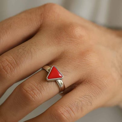 Elegant Sterling Silver Triangle Red Coral (Moonga) Men’s Ring