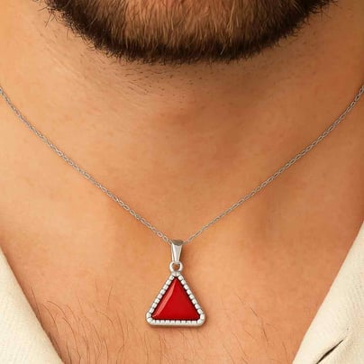 Elegant Sterling Silver Triangle Red Coral Ratna Pendant
