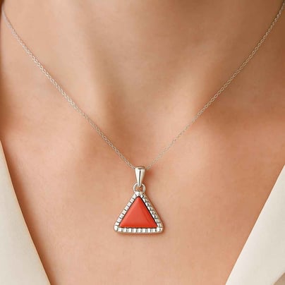 Elegant Sterling Silver Triangle Red Coral Ratna Pendant