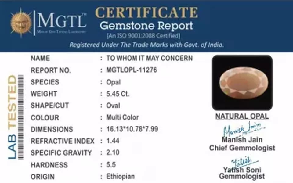 Ethiopia Fire Opal - 5.45 Carat Prime Quality OPL-11276