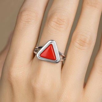 Grand Heritage 925 Sterling Silver Triangle Red Coral Stone Ladies’ Ring