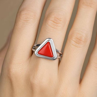 Grand Heritage 925 Sterling Silver Triangle Red Coral Stone Ladies’ Ring
