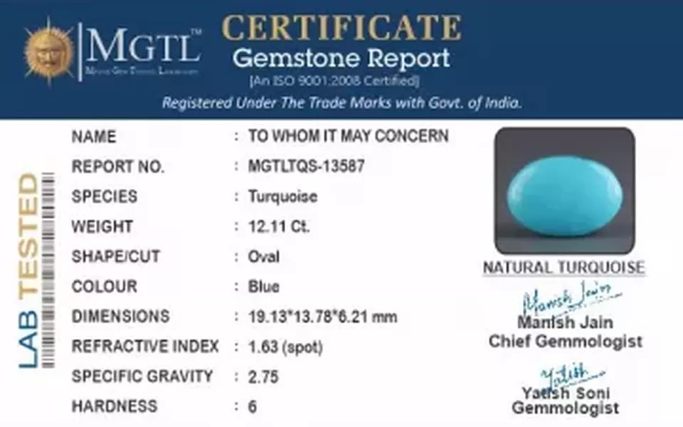 Irani Turquoise - 12.11 Carat Prime Quality TQS-13587