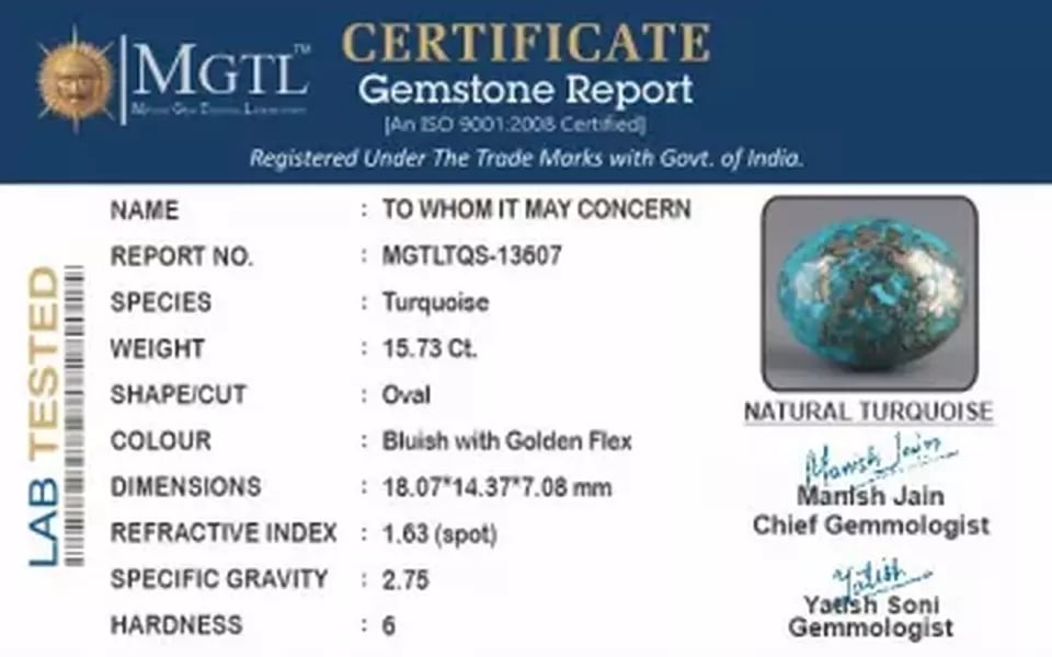 Irani Turquoise - 15.73 Carat Prime Quality TQS-13607