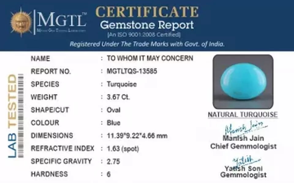 Irani Turquoise - 3.67 Carat Prime Quality TQS-13585