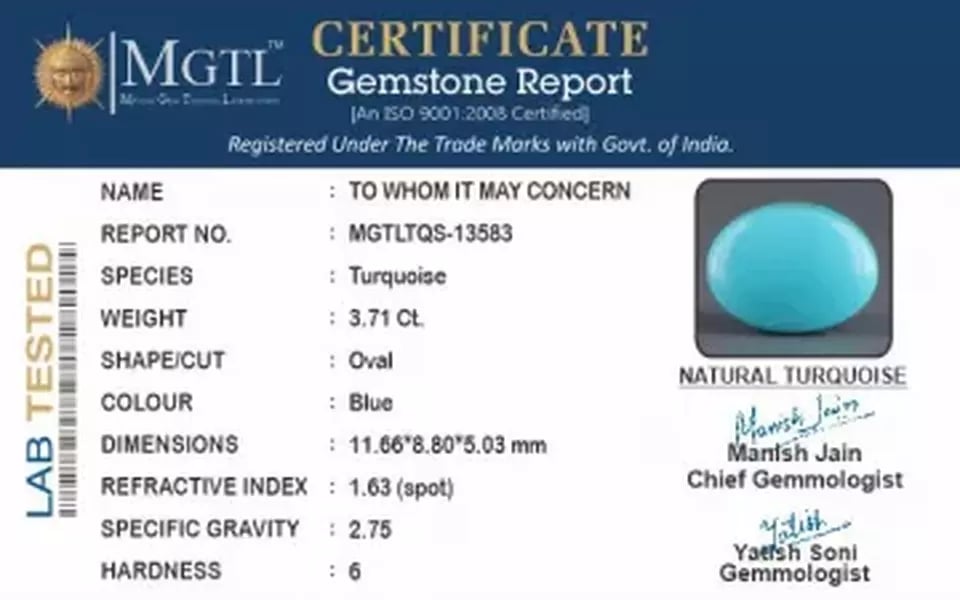 Irani Turquoise - 3.71 Carat Prime Quality TQS-13583