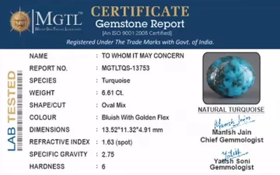 Irani Turquoise - 6.61 Carat Limited Quality TQS-13753