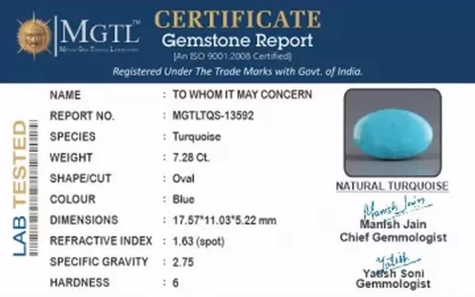 Irani Turquoise - 7.28 Carat Prime Quality TQS-13592