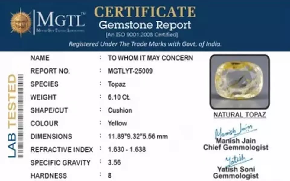 Natural Yellow Topaz - 6.10 Carat Prime Quality YT-25009