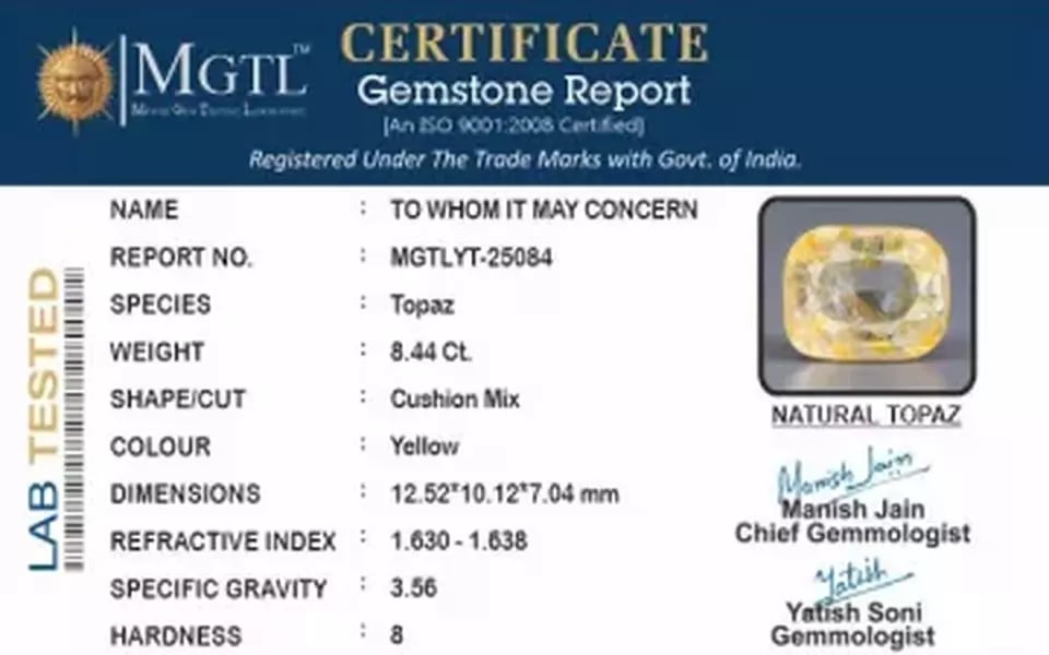 Natural Yellow Topaz - 8.44 Carat Prime Quality YT-25084