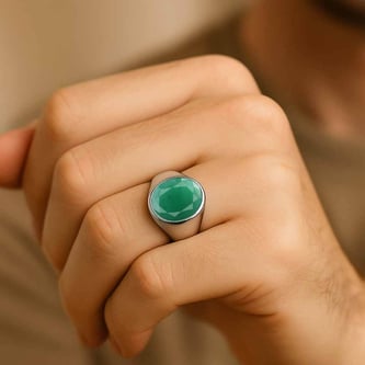 Oval Shape Emerald 925 Silver Ring for Men