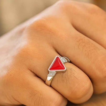 Premium Sterling Silver Triangle Red Coral Stone Men’s Ring