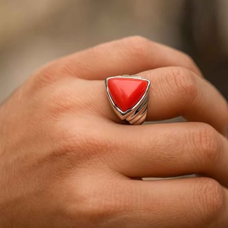Premium Sterling Silver Triangle Red Coral Stone Men’s Ring