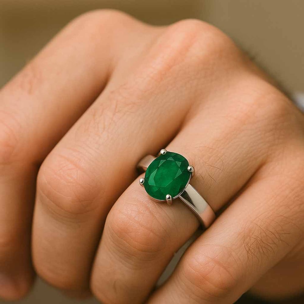Pure 925 Sterling Silver Emerald Ring for Men