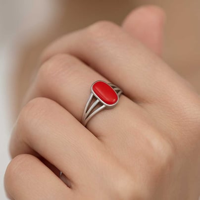 Royal Collection Sterling Silver Red Coral Ring for Women