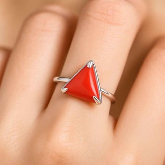 Royal Collection Sterling Silver Triangle Red Coral Ring for Women