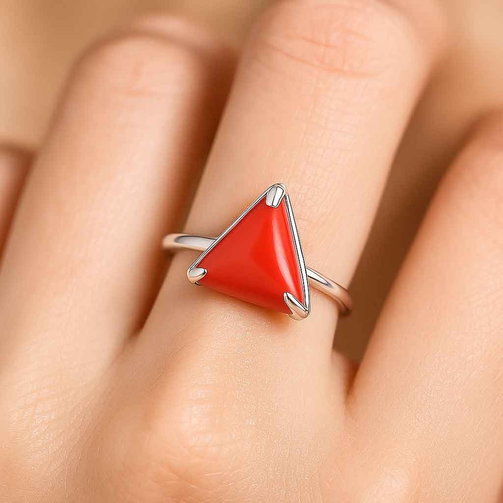 Royal Collection Sterling Silver Triangle Red Coral Ring for Women