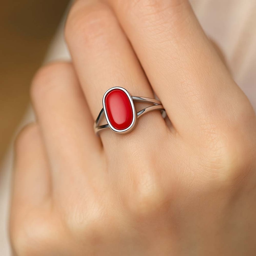 Royal Elite 925 Sterling Silver Moonga (Red Coral) Ladies’ Ring