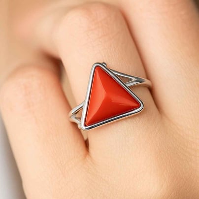 Royal Elite 925 Sterling Silver Triangle Moonga (Red Coral) Ladies’ Ring