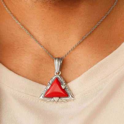 Stunning Sterling Silver Triangle Red Coral Stone Pendant