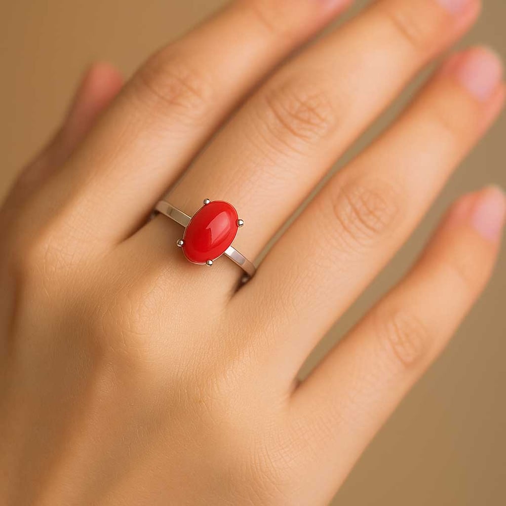 Stylish 925 Sterling Silver Red Coral Gemstone Ring For Female