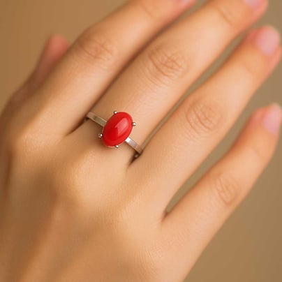 Stylish 925 Sterling Silver Red Coral Gemstone Ring For Female