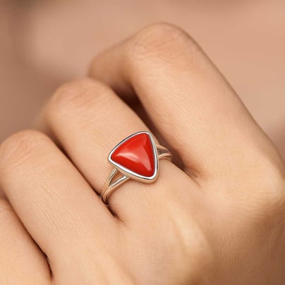 Stylish 925 Sterling Silver Triangle Red Coral Gemstone Ring For Female