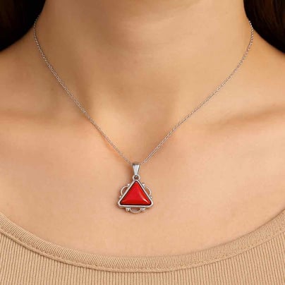 Timeless Sterling Silver Triangle Red Coral Pendant