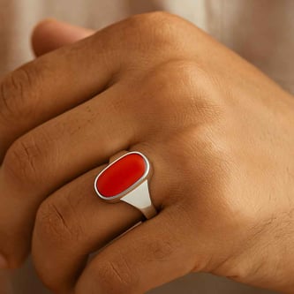 Unique Crafted Sterling Silver Red Coral Stone Ring for Men