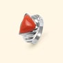 Unique Crafted Sterling Silver Triangle Red Coral Stone Ring for Men