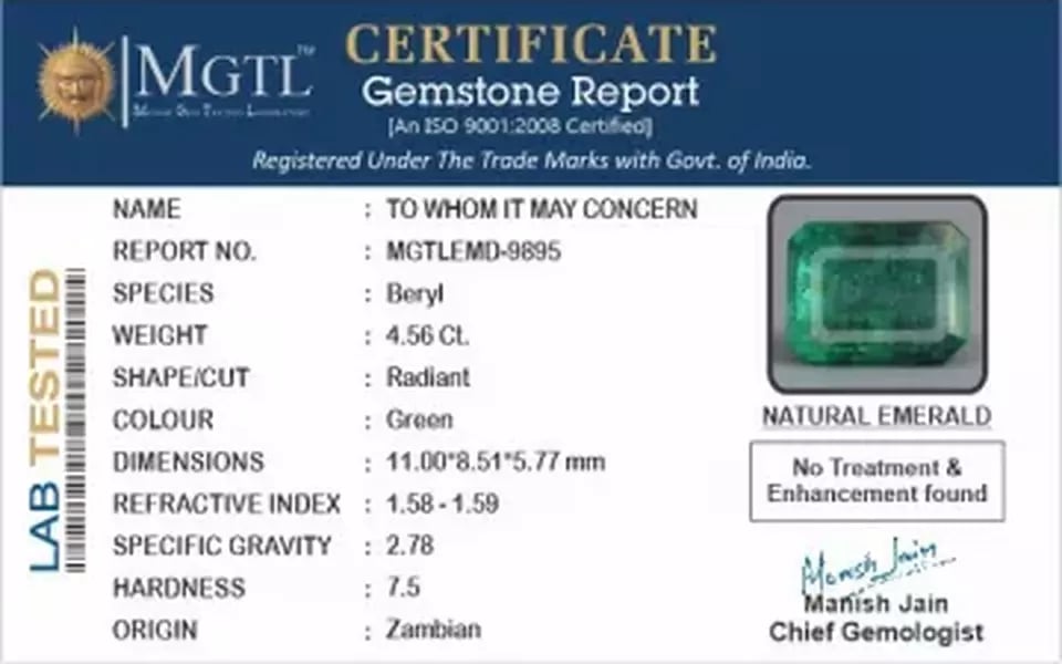 Zambian Emerald - 4.56 Carat Limited Quality  EMD-9895